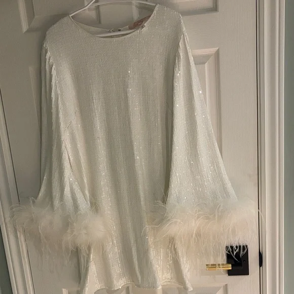 Anthro White Sequin Feather Cuff Dress - Picture 4 of 4